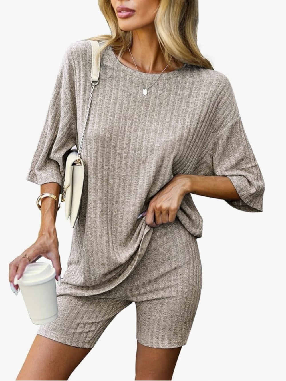 Ribbed Knit V-Neck Two-Piece Lounge Set